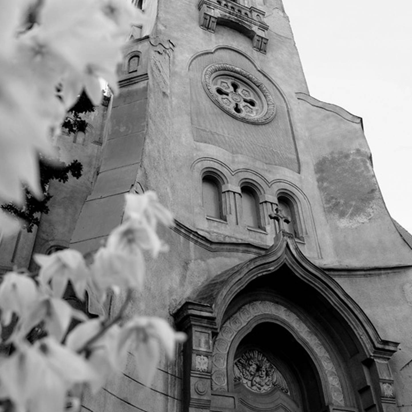 black and white image of church exterior