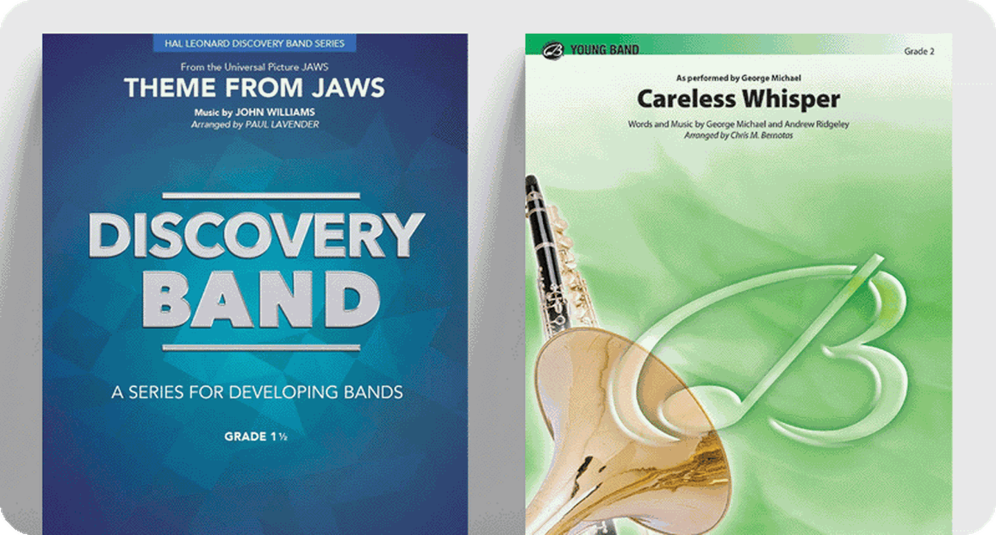 Concert band pop arrangements sheet music covers.