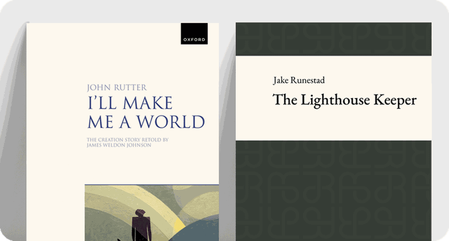 Covers for choral major works I'll Make Me A World and The Lighthouse Keeper.