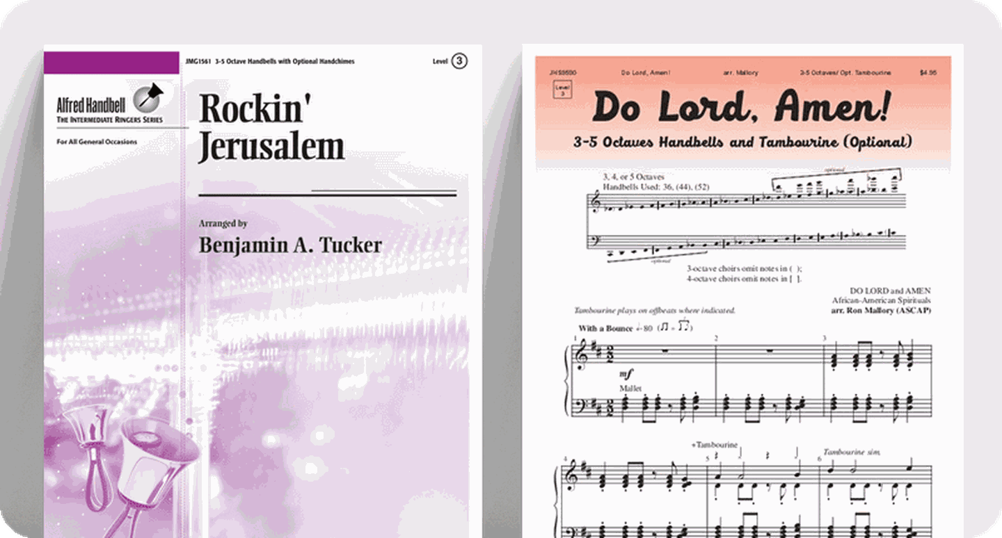 Spiritual handbell sheet music covers for Rockin' Jerusalem and Do Lord, Amen!