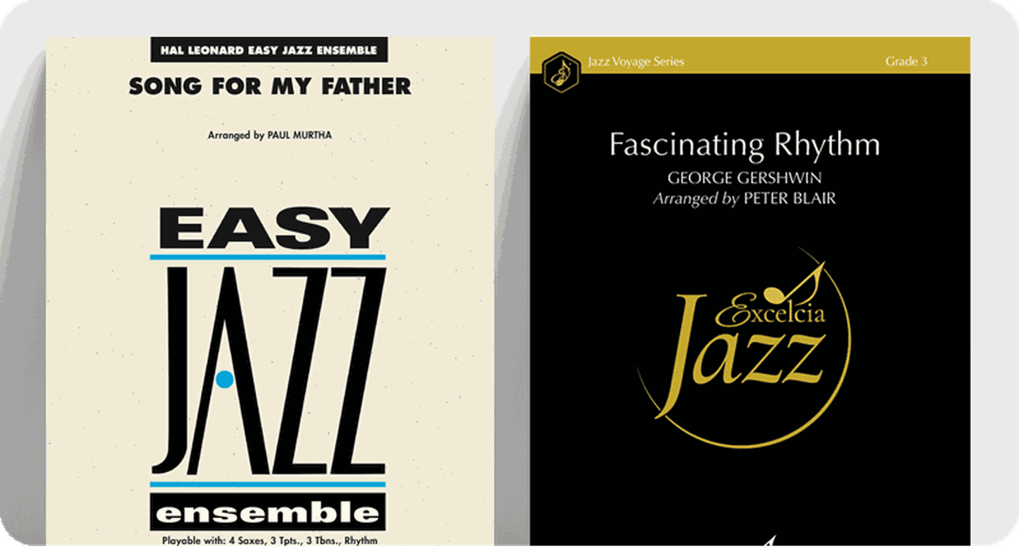 Jazz ensemble big band standards sheet music covers.
