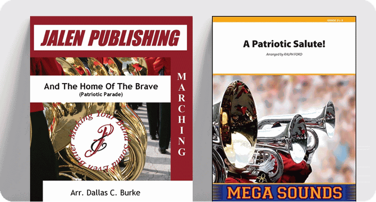 Marching band patriotic sheet music covers.